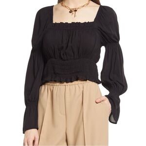 Open Edit Nordstrom Flare Sleeve Smocked Blouse Top Black Medium New